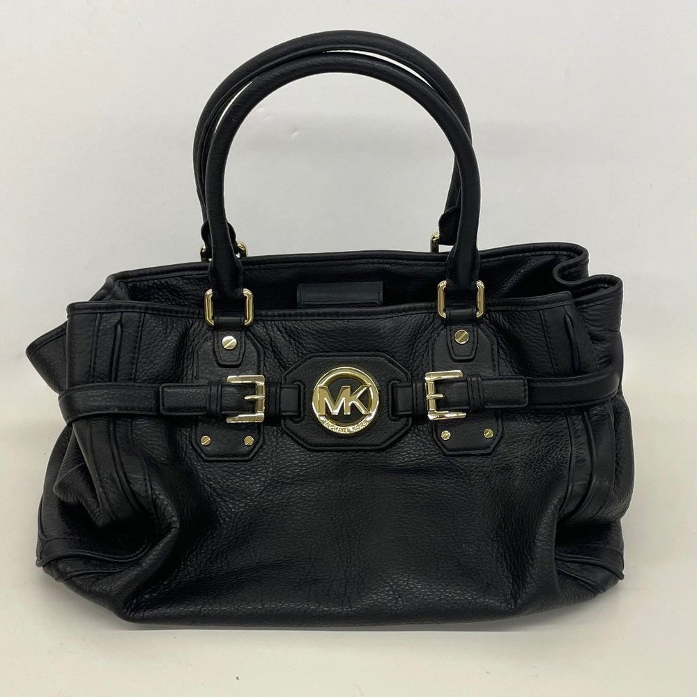 Michael Kors Handbag Hudson Tote Purse Pebbled Black Leather Gold Logo